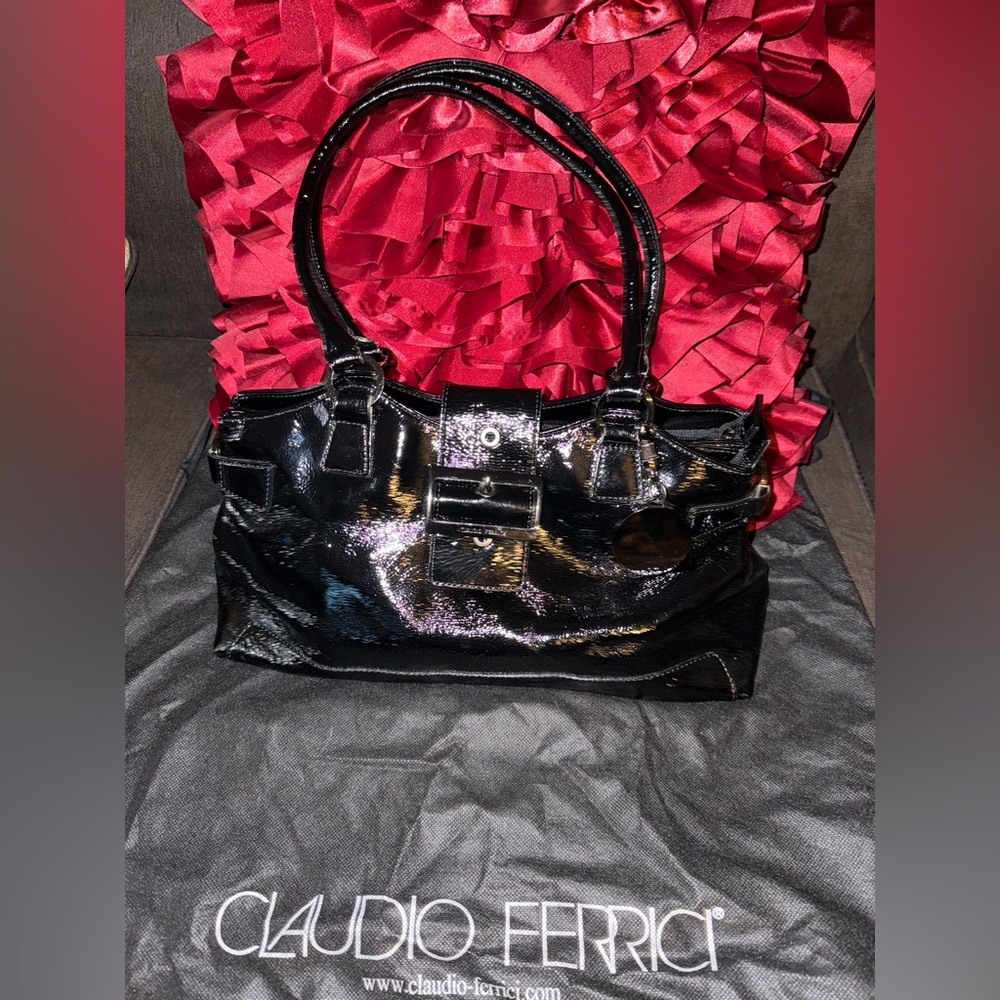 🖤Vintage Claudio Ferrici Black Patent Leather Handbag with Dustbag